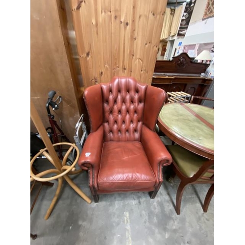 195 - Red/brown leather button back Chesterfield wing armchair 80W