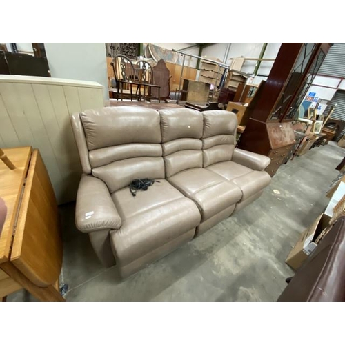 208 - Taupe leather 3 seater, electric reclining settee 220W