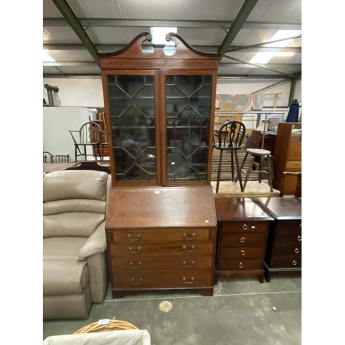 209 - Mahogany inlaid bureau bookcase with 1 key 215H 91W 47D