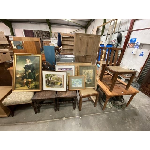 213 - 3 oak chairs, pair of carved oak side chairs, pine coffee table55H 136W 80D and assorted framed pict... 