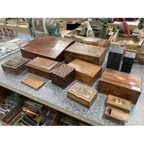 267 - Collection of trinket boxes, mahogany writing slope, burr walnut cigarette case, etc.