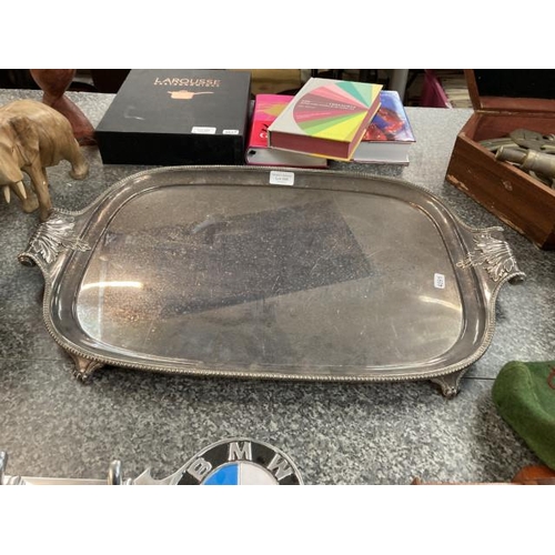 290 - Large electro plated serving tray on claw feet 39x62cm