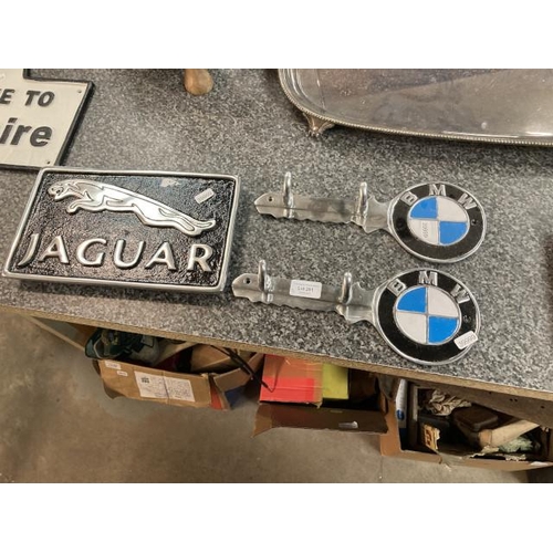 291 - 2 aluminium BMW key/ coat hooks & Jaguar sign 29x17cm