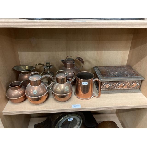 299 - Oak & copper trinket box, 2 Guernsey copper cream jugs, copper mug, copper jug etc.