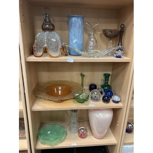 301 - 3 shelves of art glass inc. 8 paperweights, claret jug, vases, bowl etc.