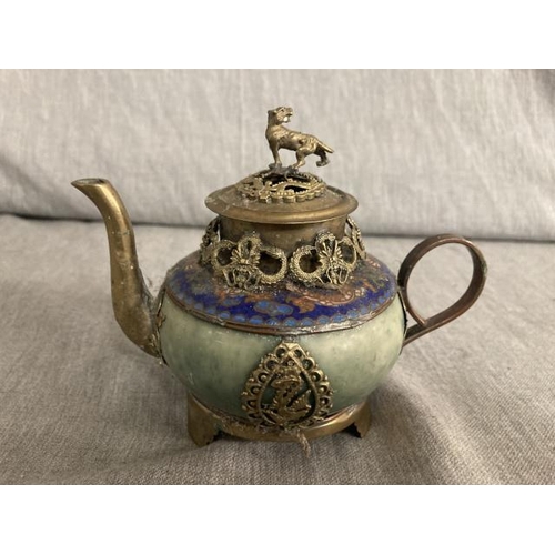 330 - Chinese Republic brass/onyx/cloisonné teapot (as found) 11cm high