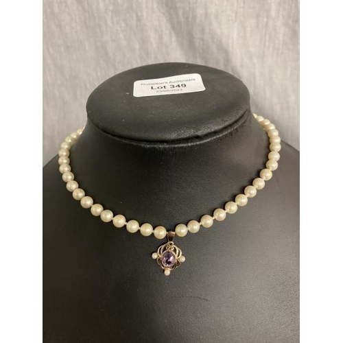 349 - Pearl necklace with 9ct Amethyst and Pearl drop pendant