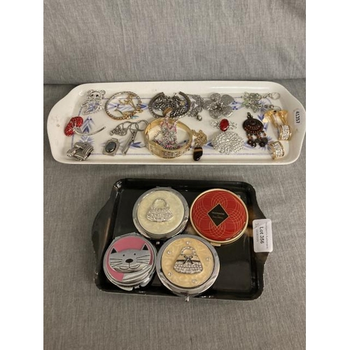 356 - 4 compacts, 3 pairs of earrings, cufflinks, brooches, pendants, scarf clip etc.