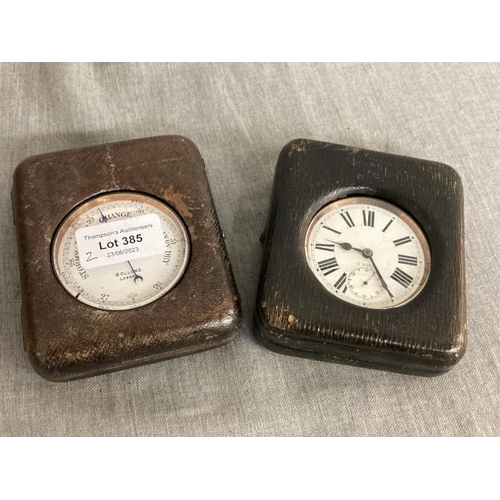 385 - A cased antique pocket barometer by Dolland, London and a cased antique 8 day pocket watch