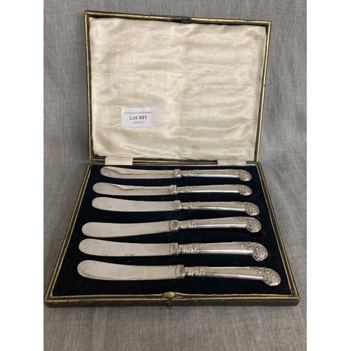 401 - Cased set of 6 Yates Brothers Sheffield silver handled butter knives