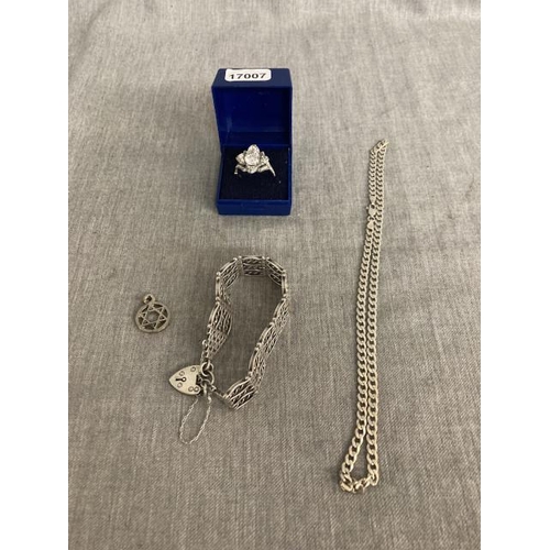 404 - Silver & diamante ring (size V), silver bracelet & silver necklace