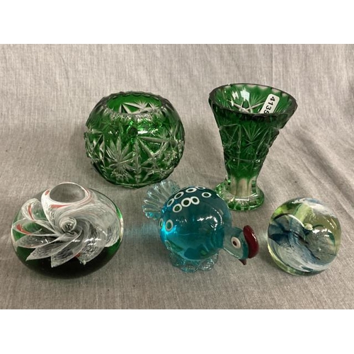 415 - 2 pieces of emerald crystal glass, 2 glass paperweights & art glass cockerel