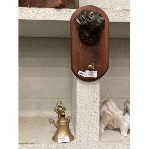 450 - Labrador coat hook and a brass bell