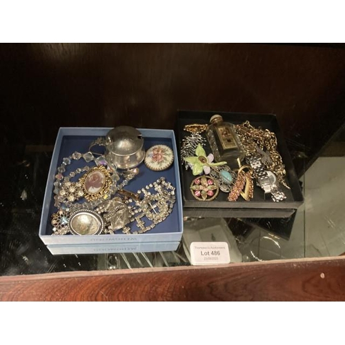 486 - Collection of vintage brooches, M&S watch, 2 gilt chains Inc. T bar, Potter Moor scent bottle, diama... 