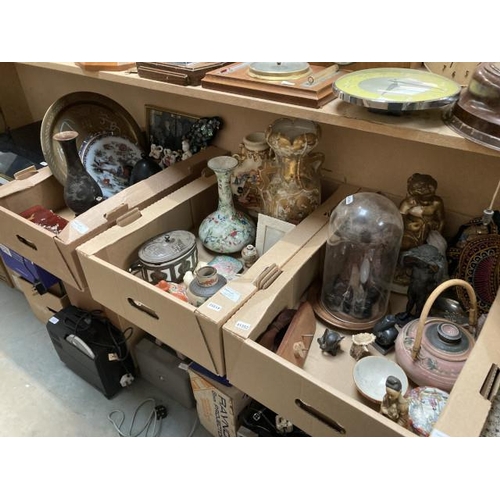 495 - 3 mixed boxes of oriental collectables & ceramics inc. carved Buddha under glass dome, vases, Geisha... 