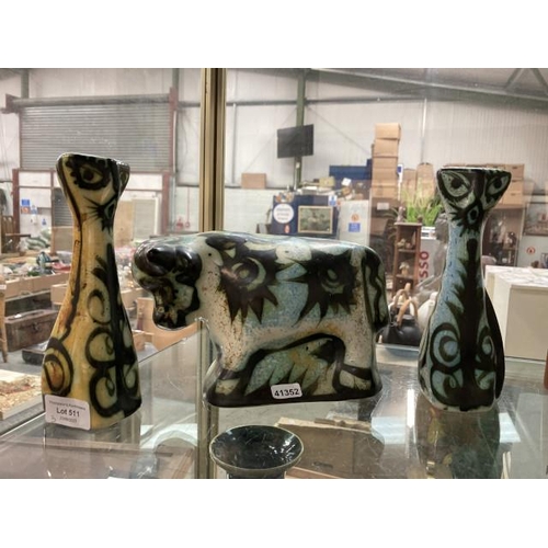 511 - 1970's Celtic Pottery, Newlyn, Cornwall - 2 cats 19.5cm high and a bull 15cm high, all designed by B... 