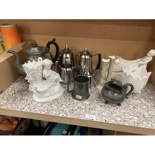 525 - Oneida Continental 4 piece tea set, pair of spill vases, pewter tankard & milk jug etc.