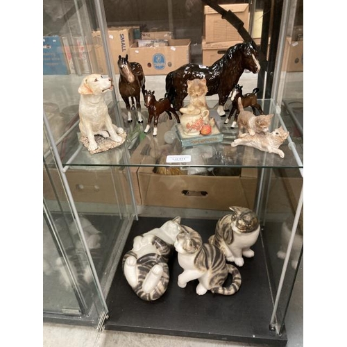 531 - 3 Wellington Moorside design cats, 2 Beswick foals, Beswick mare, Royal Doulton Shetland pony, etc.