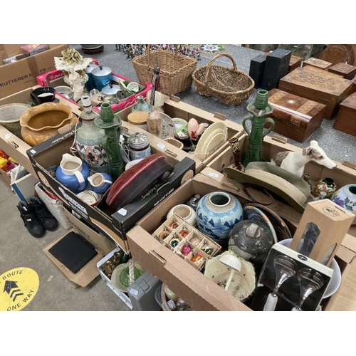 570 - 6 boxes of collectables incl studio pottery, Staffordshire Toby jug Chelsea Pensioner, binoculars, v... 