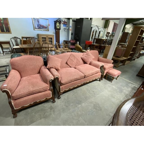 63 - Georgian 2 seater settee 165W and 2 armchairs 83W with ball and claw feet with a footstool and 3 sca... 