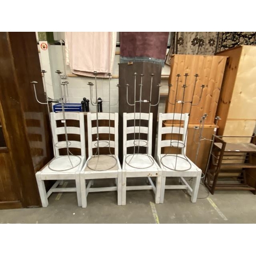 91 - 4 beech painted chairs and 5 candelabras 106H