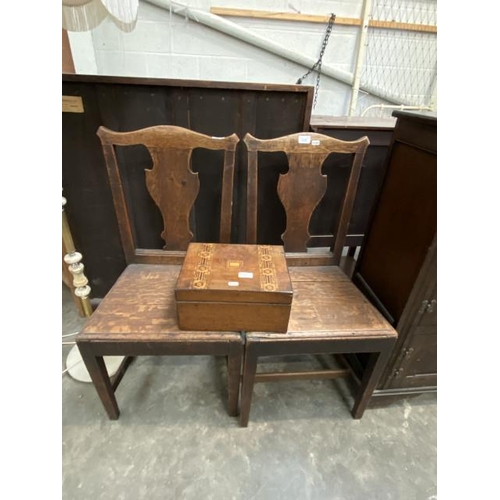 94 - 2 oak side chairs and a Victorian inlaid sewing box (as found)