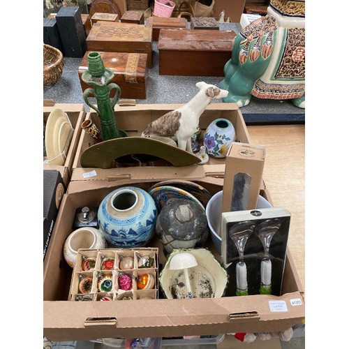 570 - 6 boxes of collectables incl studio pottery, Staffordshire Toby jug Chelsea Pensioner, binoculars, v... 