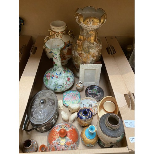 495 - 3 mixed boxes of oriental collectables & ceramics inc. carved Buddha under glass dome, vases, Geisha... 