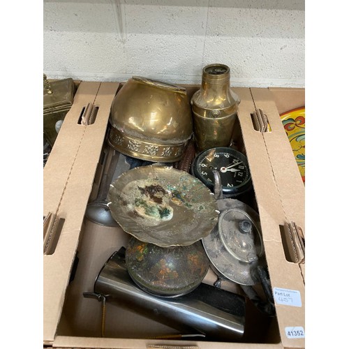 457 - 6 good boxes of mixed metal wares inc. Art Deco sandwich stand, pewter, pair of brass horse terrets,... 