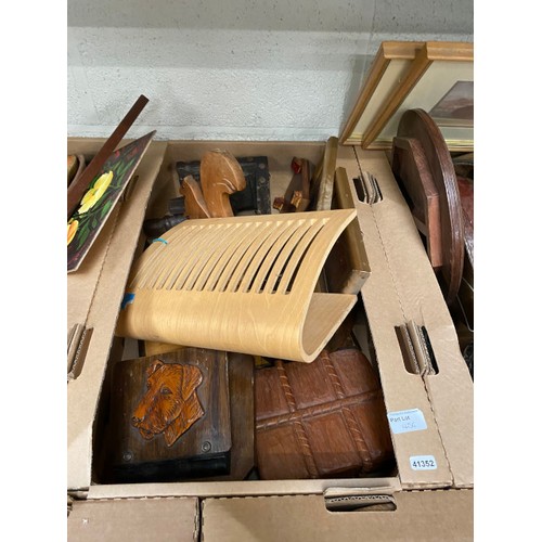 456 - 6 good boxes of treen collectables inc. printing blocks, stool, candlesticks, bookends, pipe rack, t... 