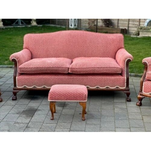 63 - Georgian 2 seater settee 165W and 2 armchairs 83W with ball and claw feet with a footstool and 3 sca... 