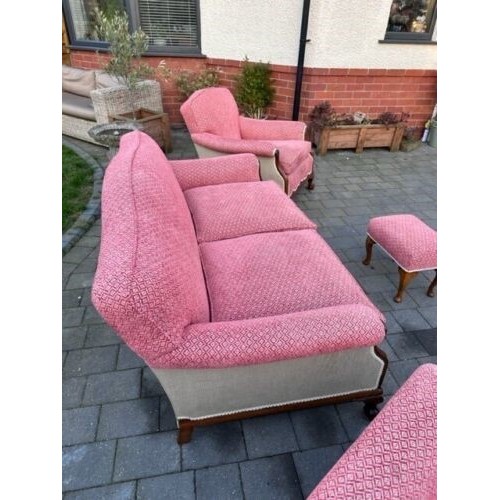 63 - Georgian 2 seater settee 165W and 2 armchairs 83W with ball and claw feet with a footstool and 3 sca... 