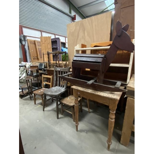 106 - Assorted furniture to include chairs library steps, stools, oak barley twist nest of tables etc .