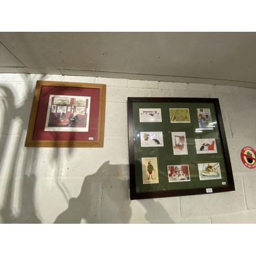 124 - Framed humorous postcards 61x65  + framed pencil signed limited edition print 81/1000