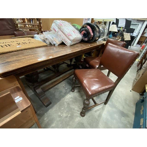 185 - Good quality oak refectory table with pineapple base and 4 chairs to match. 78H, 168W, 90D