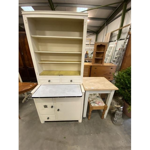 208 - Vintage kitchen unit 191H 88W 53D, beech bistro table 85H 60W 50D and a pine stool