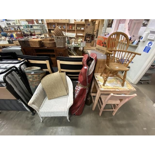 220 - Wicker chair, child’s school desk and chair, child’s Windsor chair etc