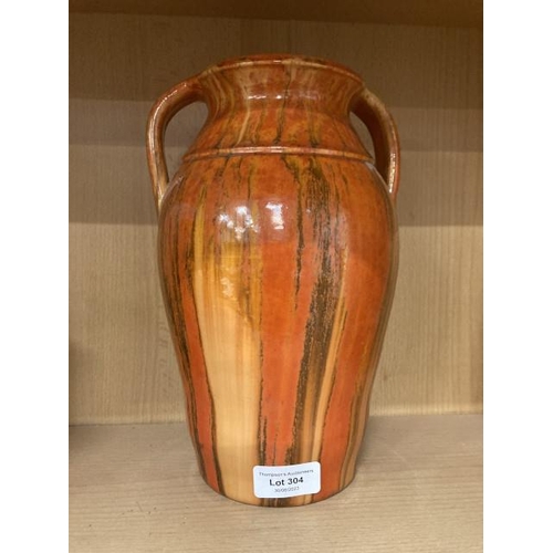 304 - 1930’s Candy Pottery of Newton Abbot orange lustre two handled vase 27cm high