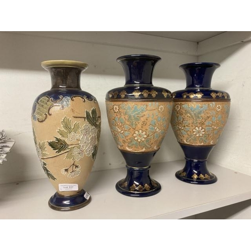 337 - Pair of Royal Doulton cobalt blue and gold vases (33cm high) & Doulton Lambeth vase (30cm high)