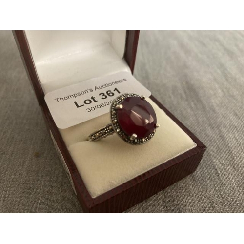 361 - Silver red stone & marcasite ring (size R)