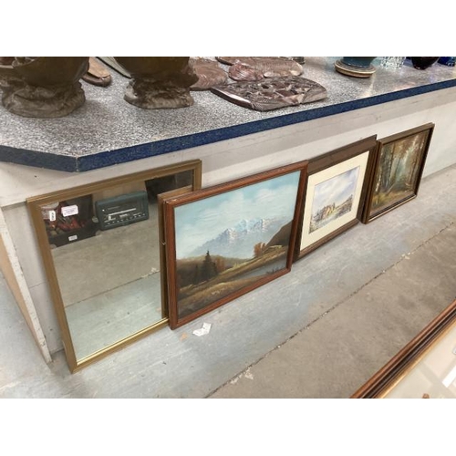 560 - Gilt framed mirror 50x65cm, two landscape oil paintings & farm scene watercolour