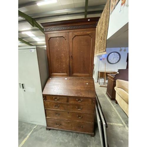 89 - Georgian oak bureau bookcase 230H 104W 55D with 1 key