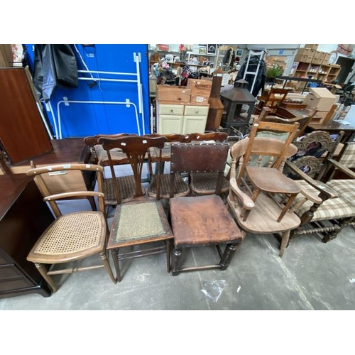 110 - 8 Assorted chairs including a pine carver chair & a childs oak chair.