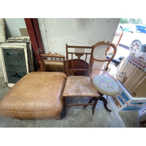 134 - Tan leather foot stool, rush seated chair, Victorian needle work piano stool etc (signs of worm)