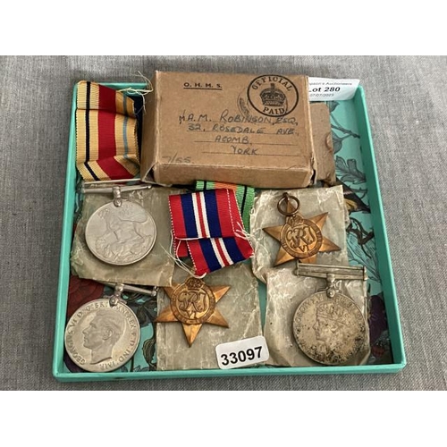 280 - 5 medals; The Africa Star, The 1939-1945 Star, The Defence Medal & 2 WWII Service Medals with ribbon... 