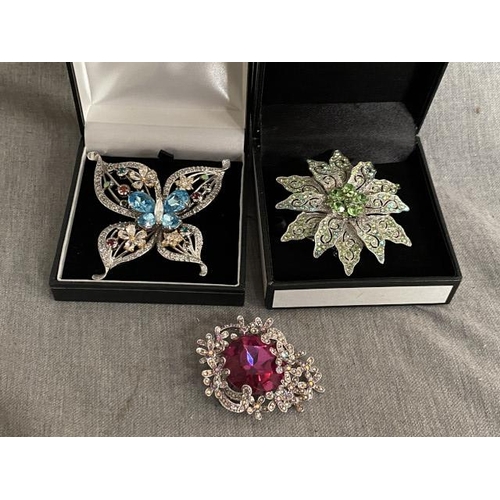 293 - 3 diamante brooches inc. large Butterfly 7cm square