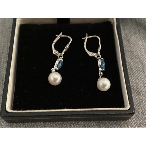 296 - Pair of 925 silver, aquamarine pear & diamond drop earrings