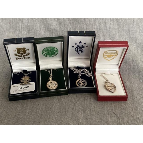 302 - 4 silver football necklaces (Celtic, Rangers, Arsenal & Everton)