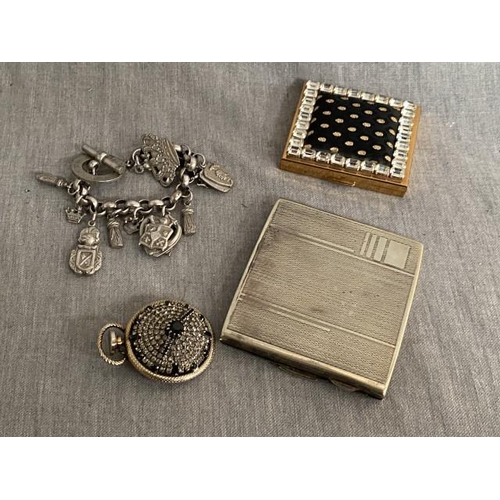 303 - Vintage compact by Dexter, brooch by Hebe, Anna Biblo Italian charm bracelet & silver plated cigaret... 