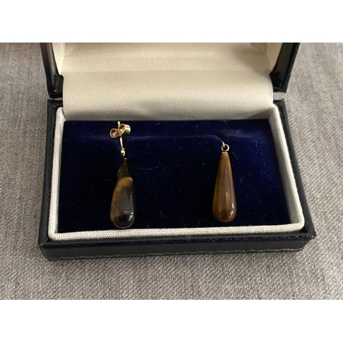 319 - Pair of 9ct gold Tigers eye drop earrings